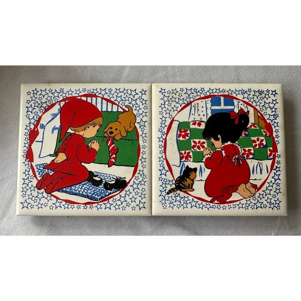 Vintage Jasco Set of Two 1960s Christmas Ceramic Tiles
